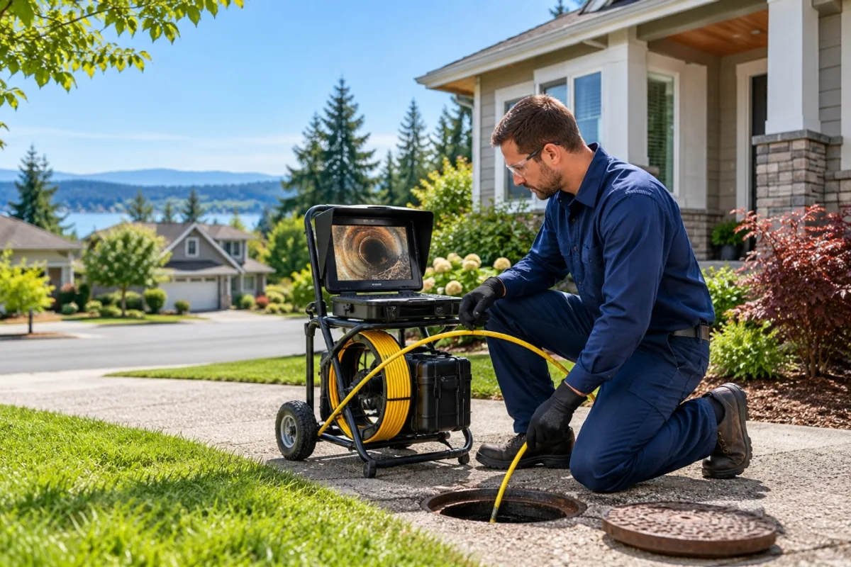 Professional sewer line technician operating diagnostic video inspection equipment outside a Lake Stevens home